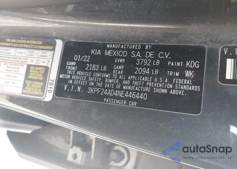 2022 Kia Forte Lxs from USA, damaged, VIN 3KPF24AD4NE446440